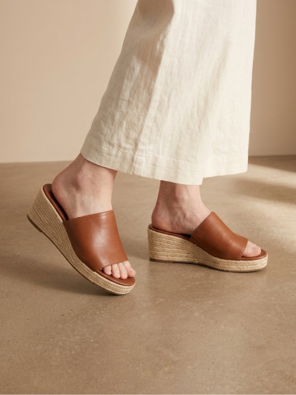 J.Crew Leather Espadrille Wedge Slide Sandals Size 9.5 Cognac